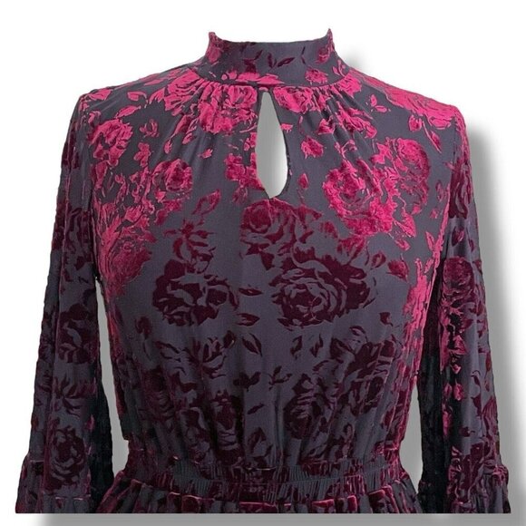 Modcloth Womens Very Visionary Dress Sz Medium Merlot Red Burnout Velvet Floral - Picture 6 of 12
